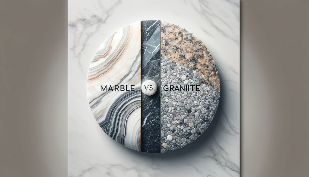 his image mirrors the first, with the left side presenting the sophisticated veined appearance of marble in shades of white and gray. On the right, the granite texture is illustrated with a colorful, speckled pattern, emphasizing its strength and varied color palette. A faint line divides the marble and granite sections. The labels 'Marble' on the left and 'Granite' on the right are written in stylish fonts, clearly identifying each stone type.