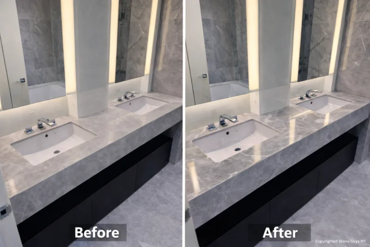 Before and after double-sink marble vanity polishing