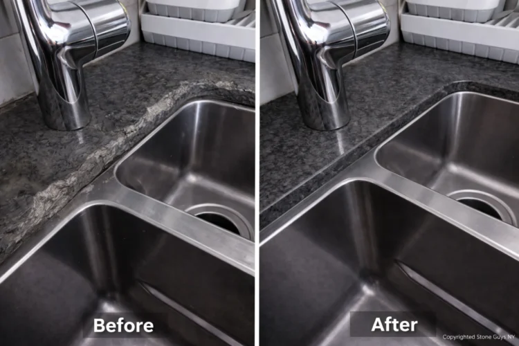 Before and after granite sink-edge chip repair