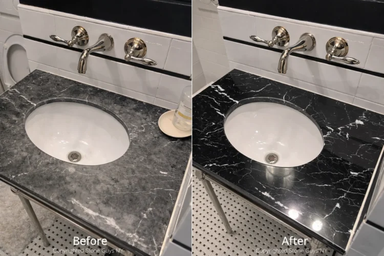 Before and after Nero Marquina marble vanity restoration by Stone Guys NY