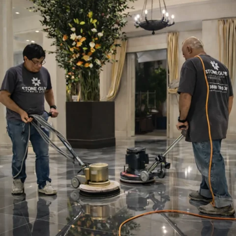 Stone Guys NY technicians polishing marble floor at Majorelle restaurant in NYC using professional floor machines to restore high gloss shine.