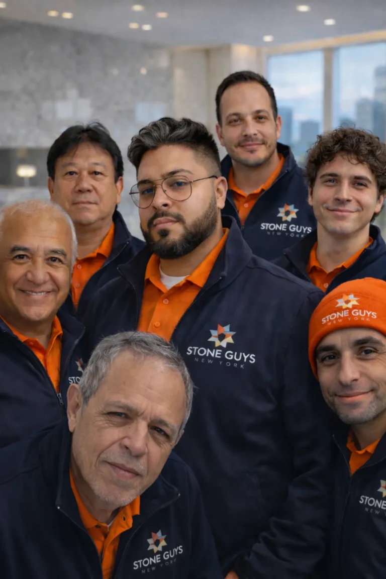 Stone Guys NY professional stone restoration team wearing branded uniforms inside a luxury marble interior in New York